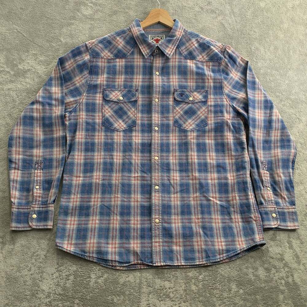 Flag Anthem Desert Son Shirt Men XL Blue Plaid Western Pearl Snap Cotton Flannel